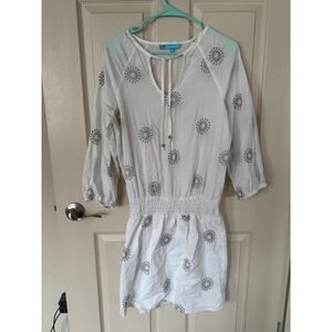 Tara Michelle Embroidered Dress Cover Up‎ White Sun Dress Beach Smocked M Q2